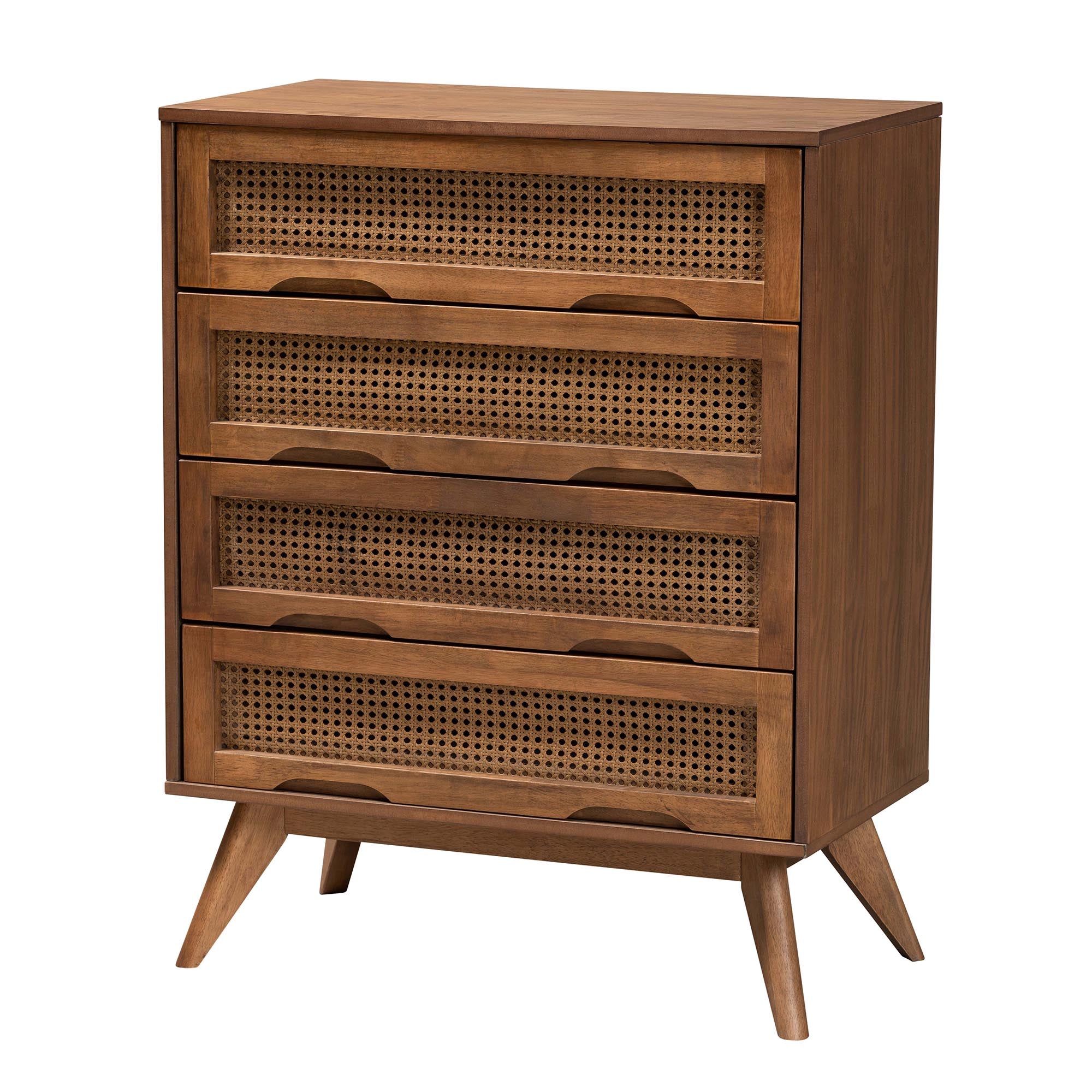 Melora Mid-Century Modern Walnut Brown Finished Wood And Rattan Twin Size 5-Piece Bedroom Set