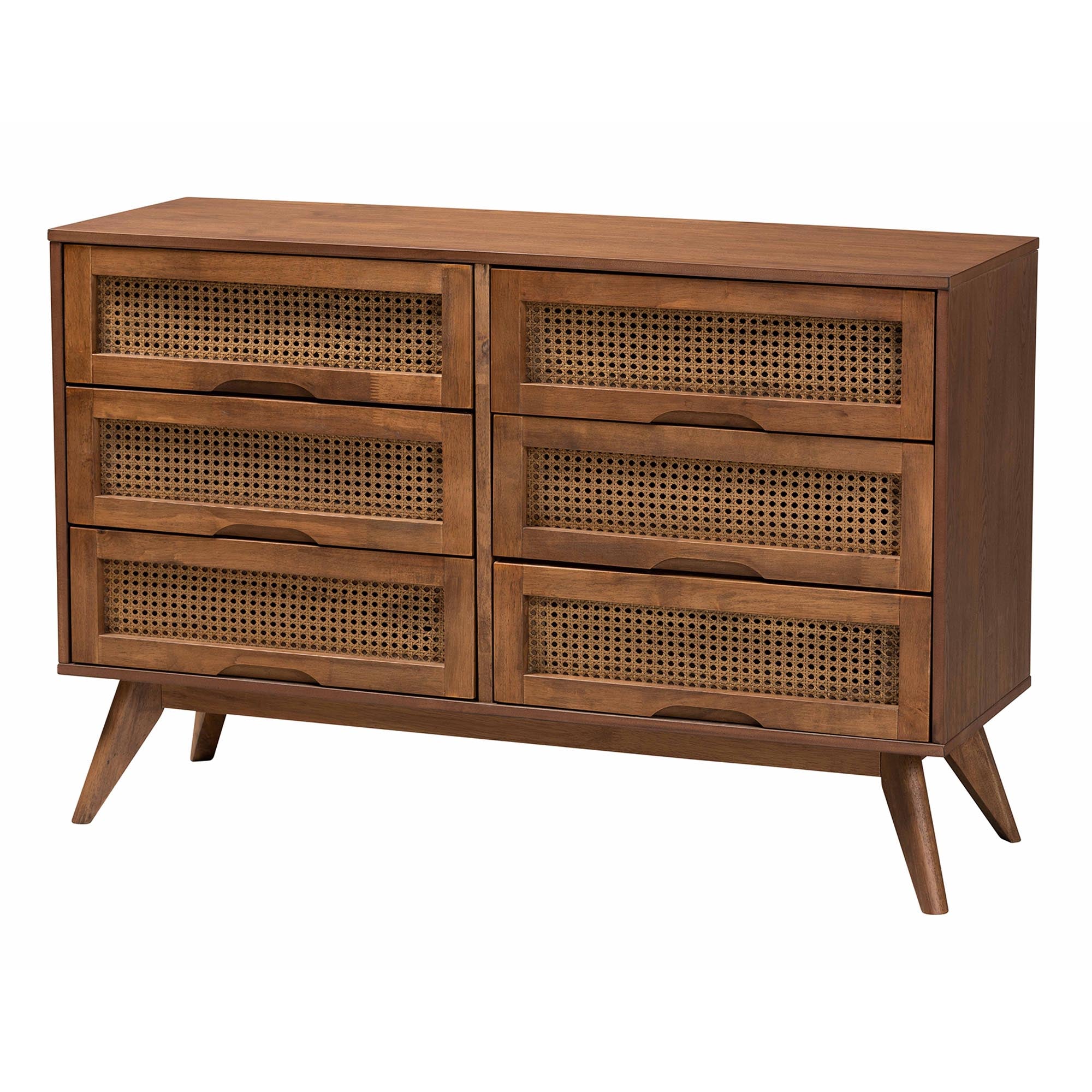 Melora Mid-Century Modern Walnut Brown Finished Wood And Rattan Twin Size 5-Piece Bedroom Set