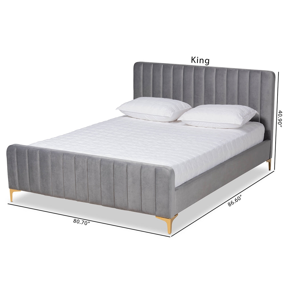 Nami King Bed Light Grey Velvet Gold Finish Modern Luxe & Glam Style