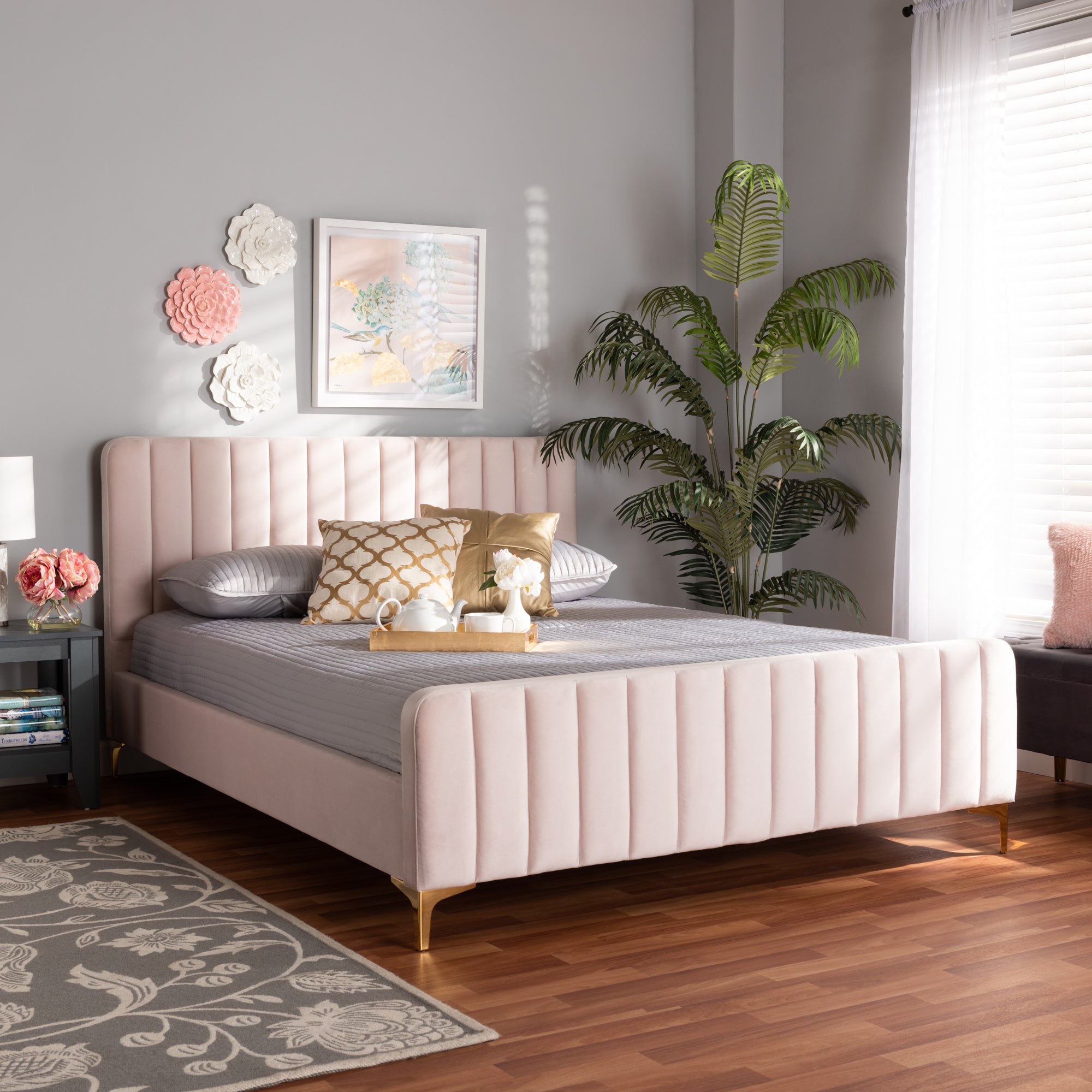Nami Full Bed Light Pink Velvet Gold Finish Contemporary