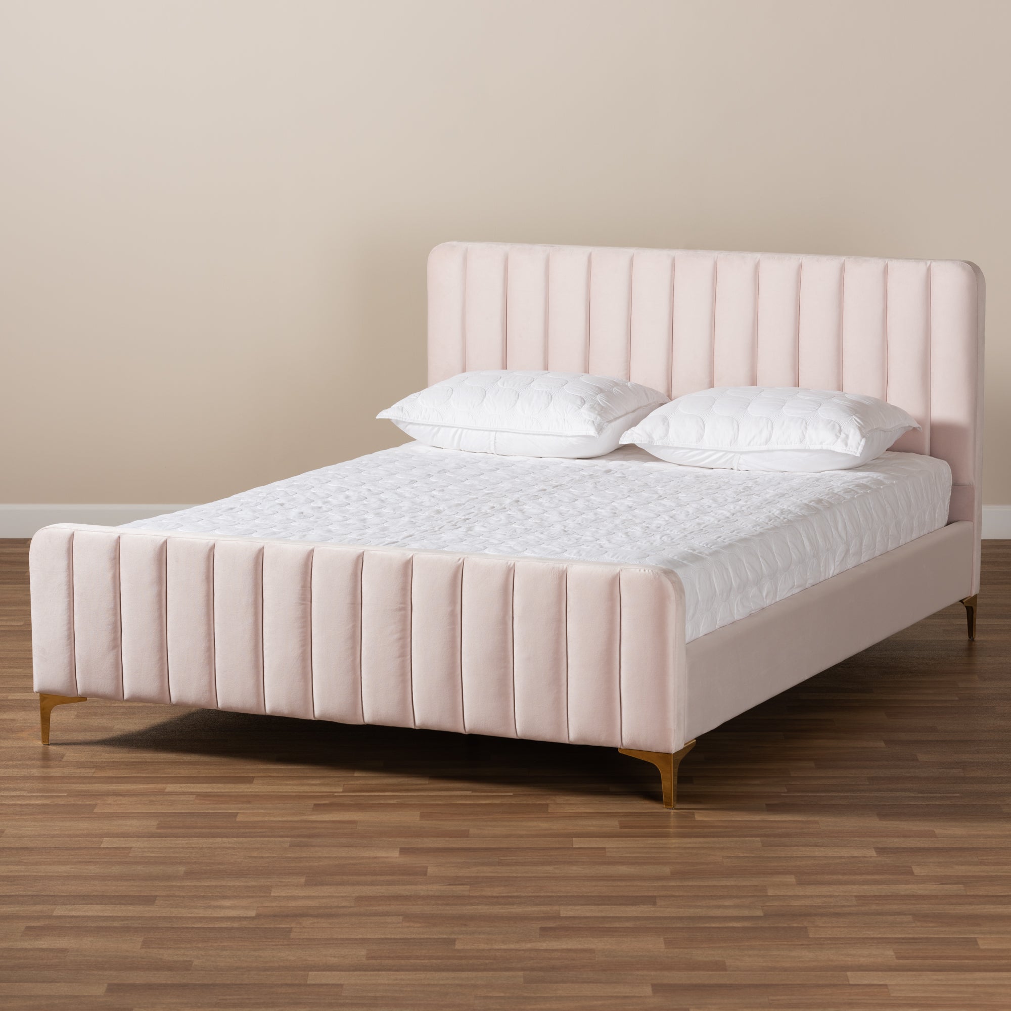 Nami Full Bed Light Pink Velvet Gold Finish Contemporary