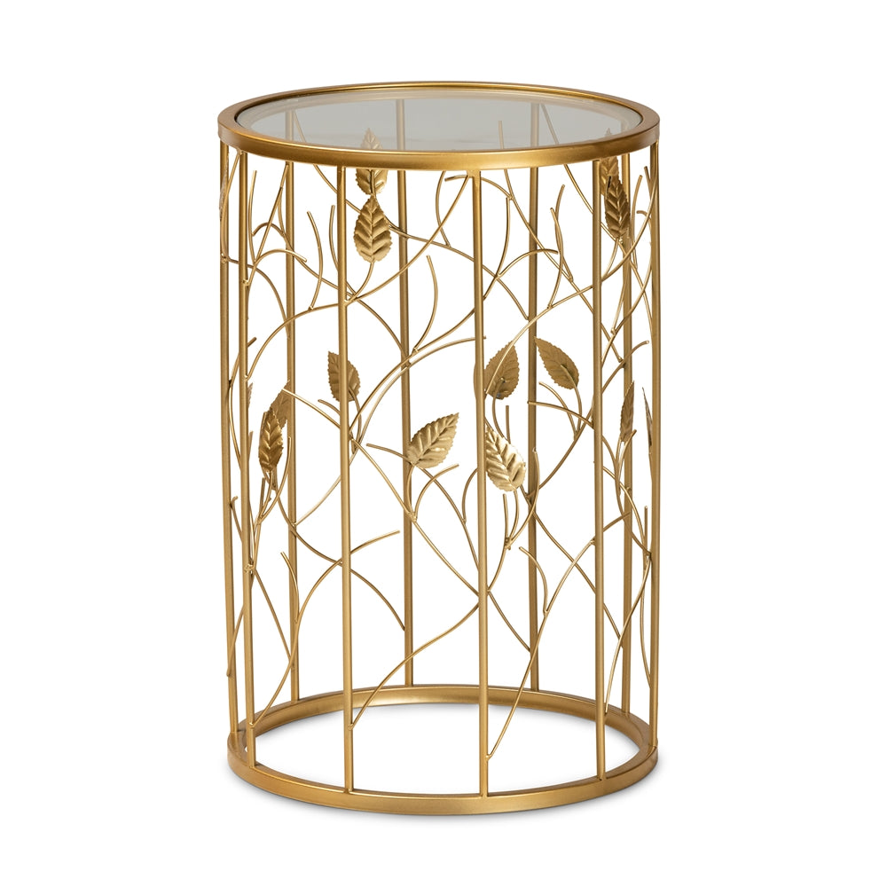 Anaya Modern and Contemporary  Brushed Gold Finished Metal and Glass Leaf Accent End Table