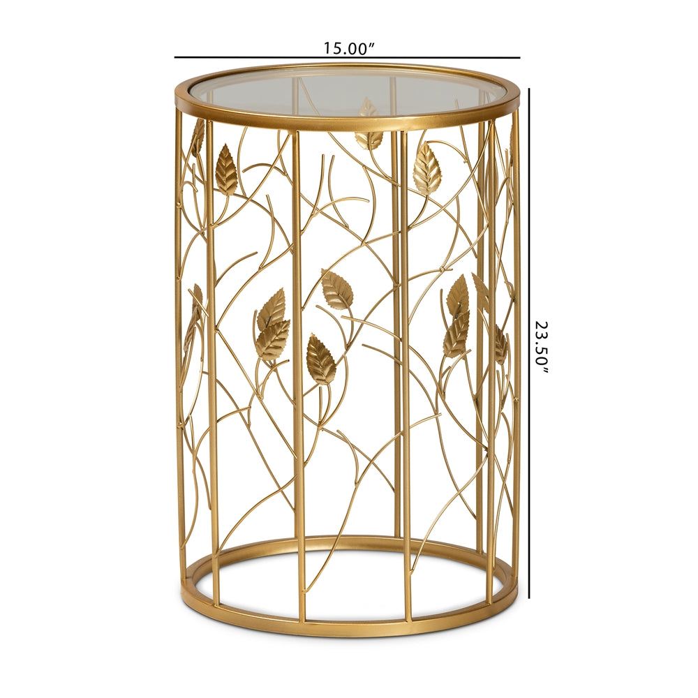Anaya Modern and Contemporary  Brushed Gold Finished Metal and Glass Leaf Accent End Table