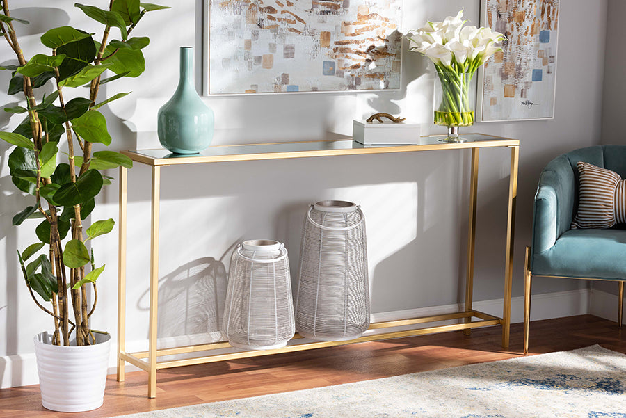 Alessa Modern and Contemporary  Gold Finished Metal and Mirrored Glass Console Table