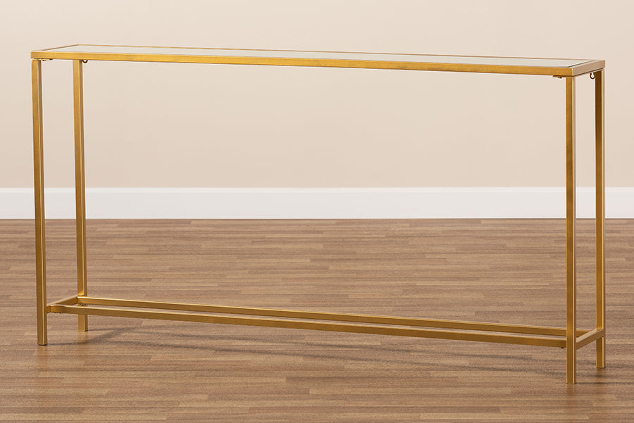 Alessa Modern and Contemporary  Gold Finished Metal and Mirrored Glass Console Table