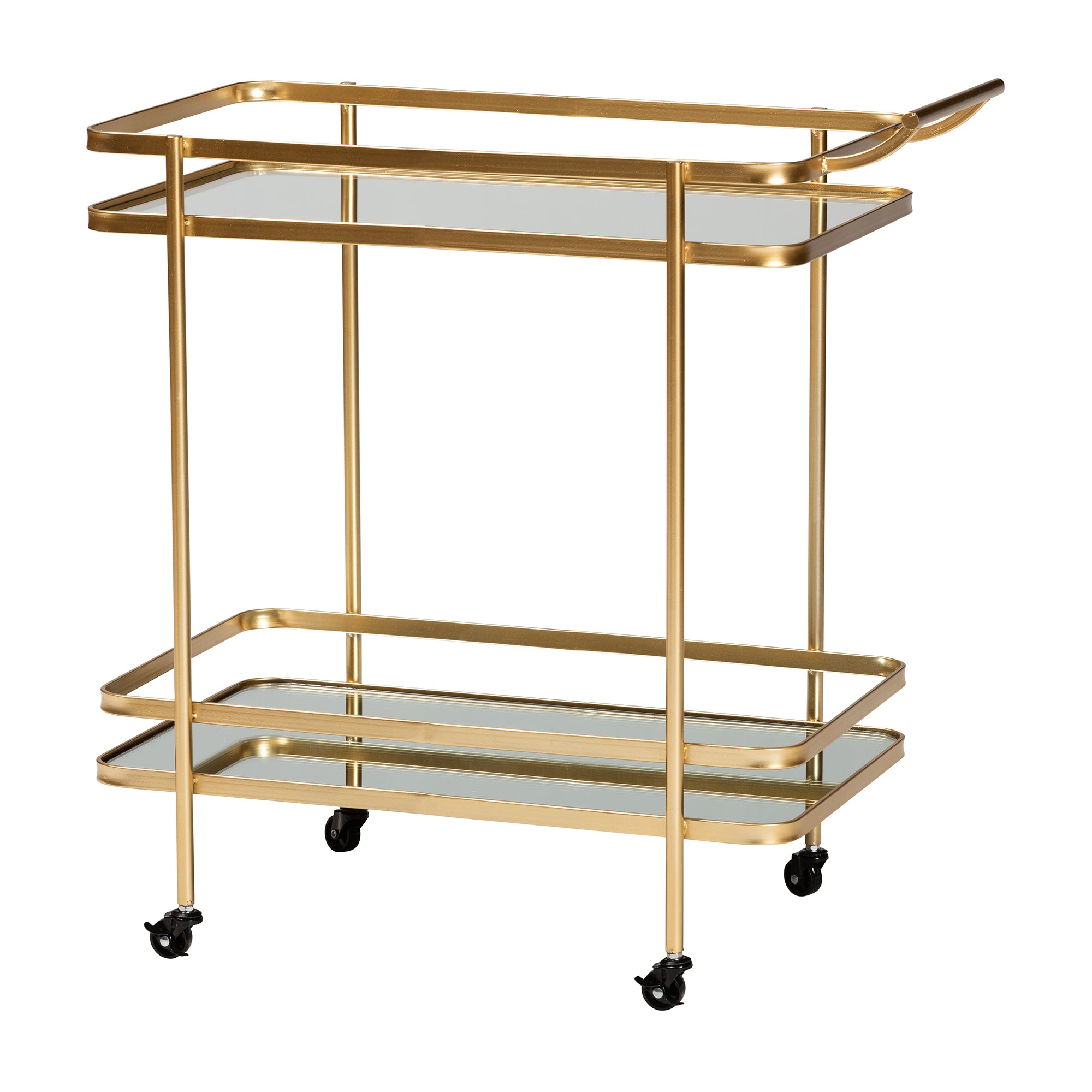 Baxton Studio Destin Modern and Contemporary Glam Brushed Gold Finished Metal and Mirrored Glass 2-Tier Mobile Wine Bar Cart