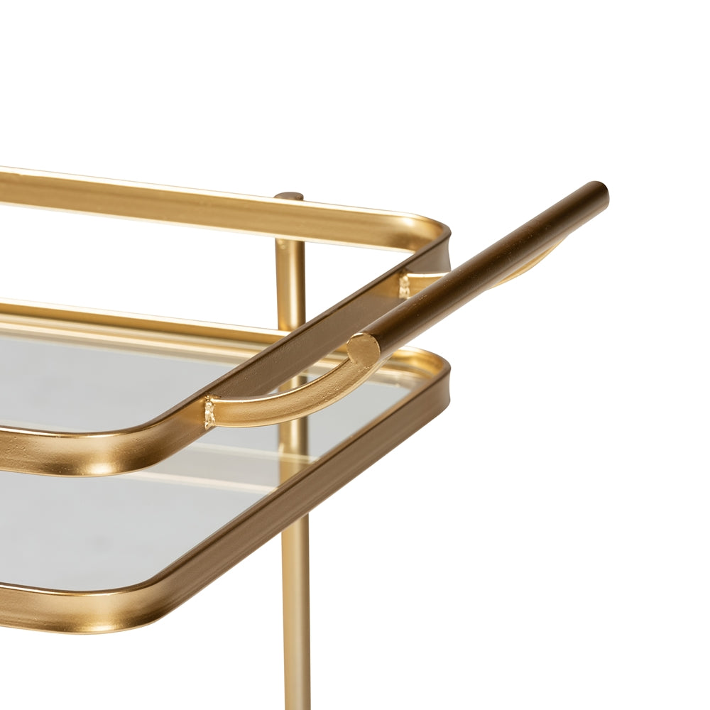 Destin Modern and Contemporary  Brushed Gold Finished Metal and Mirrored Glass 2-Tier Mobile Wine Bar Cart