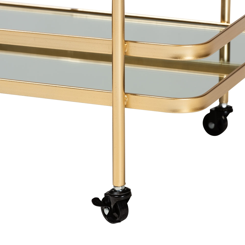Destin Modern and Contemporary  Brushed Gold Finished Metal and Mirrored Glass 2-Tier Mobile Wine Bar Cart