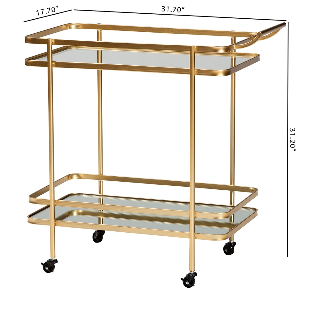 Destin Modern and Contemporary  Brushed Gold Finished Metal and Mirrored Glass 2-Tier Mobile Wine Bar Cart