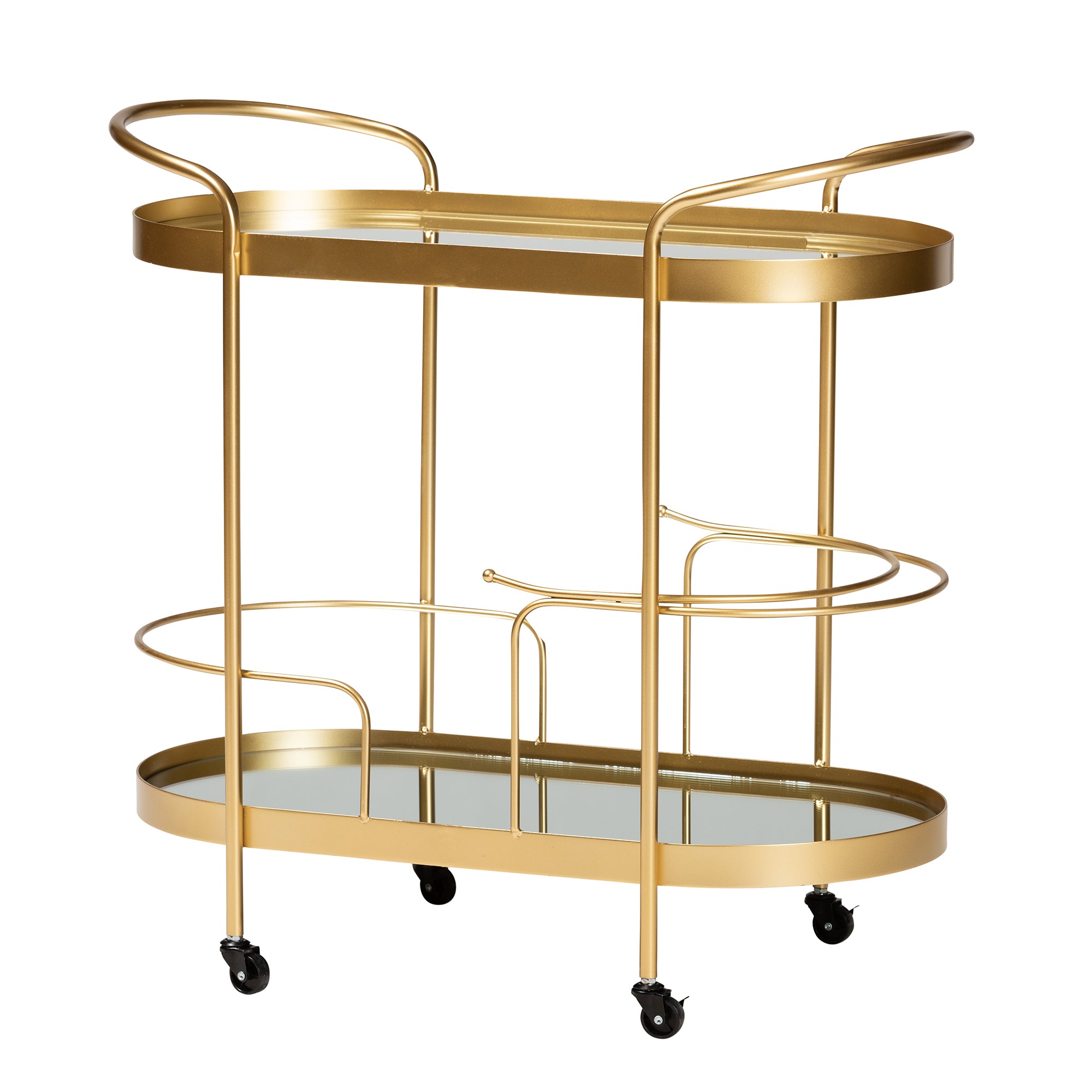 Baxton Studio Kamal Modern and Contemporary Glam Brushed Gold Finished Metal and Mirrored Glass 2-Tier Mobile Wine Bar Cart