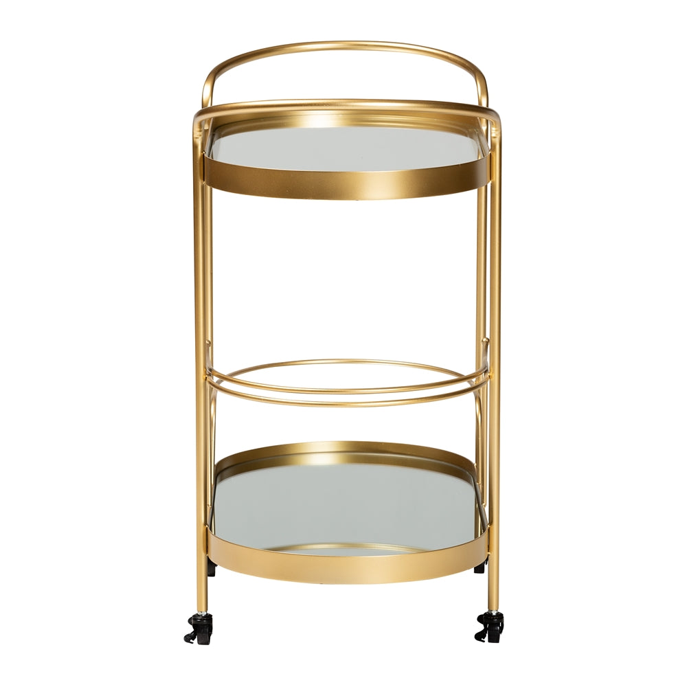 Kamal Modern and Contemporary  Brushed Gold Finished Metal and Mirrored Glass 2-Tier Mobile Wine Bar Cart