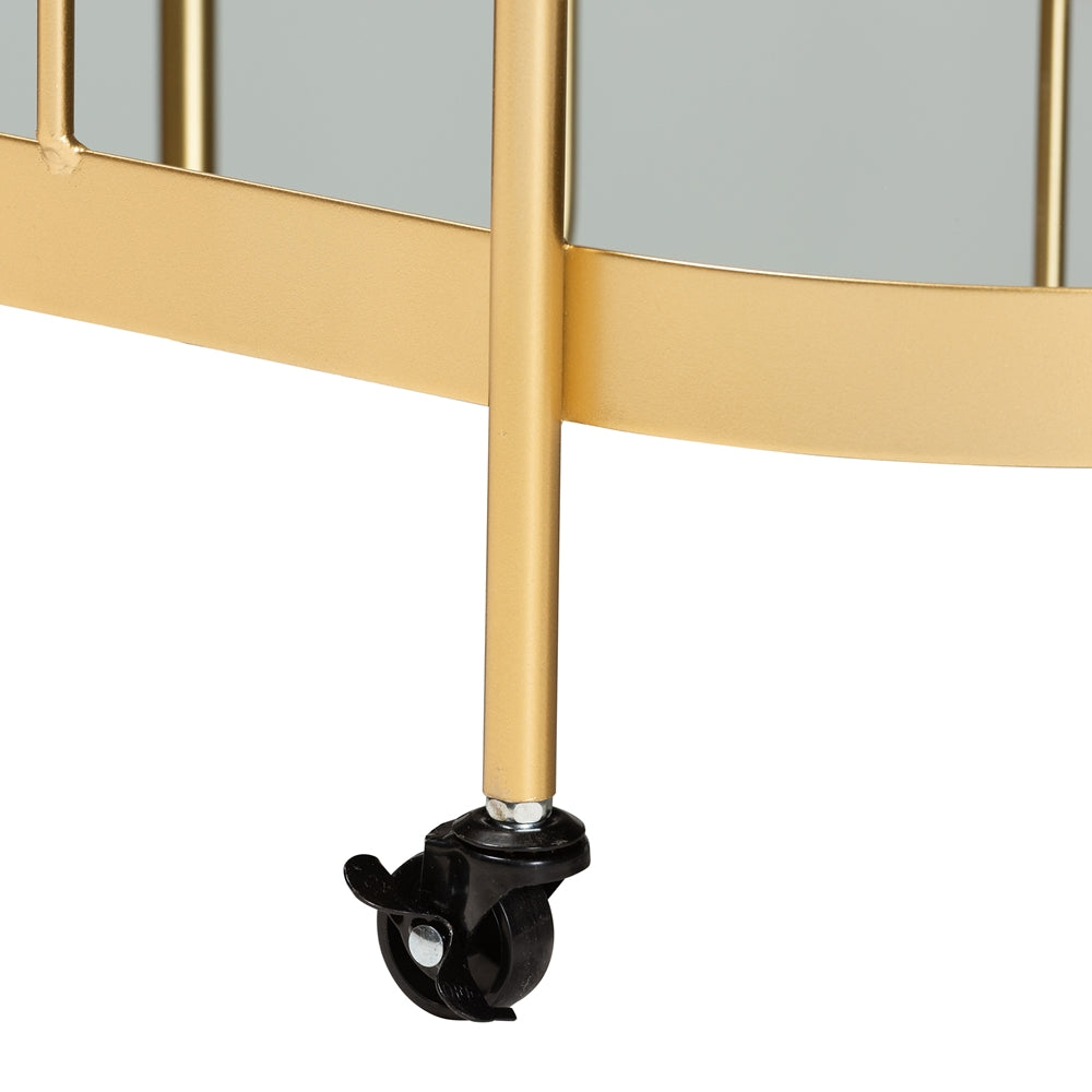 Kamal Modern and Contemporary  Brushed Gold Finished Metal and Mirrored Glass 2-Tier Mobile Wine Bar Cart