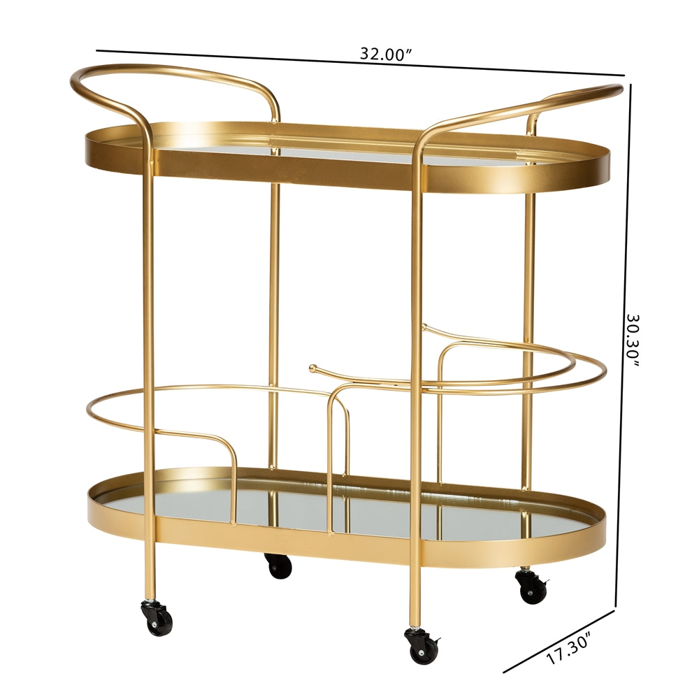 Kamal Modern and Contemporary  Brushed Gold Finished Metal and Mirrored Glass 2-Tier Mobile Wine Bar Cart