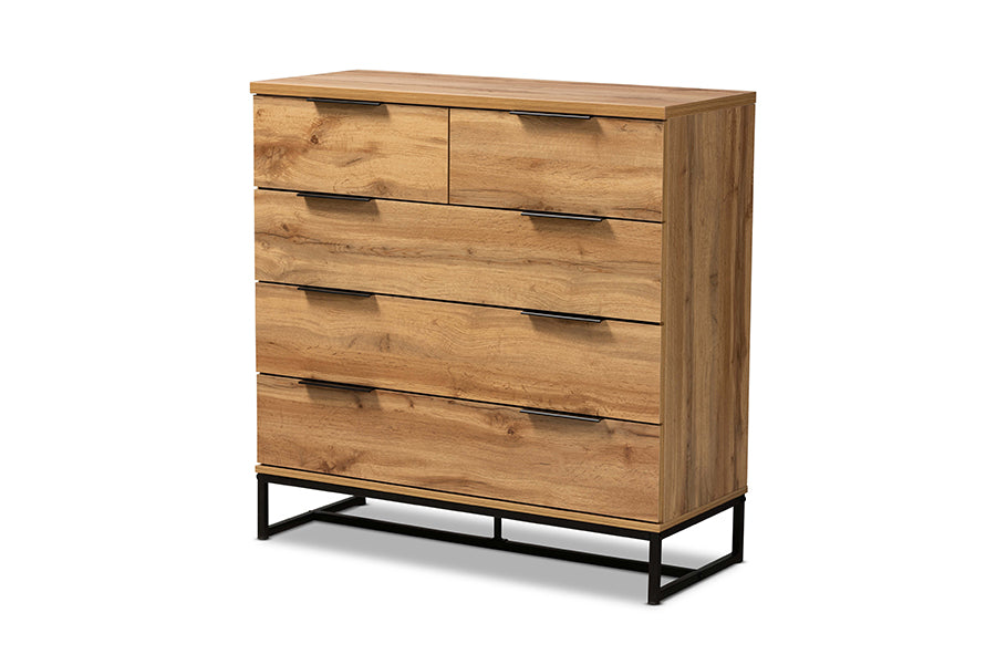 Franklin Modern and Contemporary Oak Finished Wood and Black Finished Metal 5-Drawer Bedroom Chest