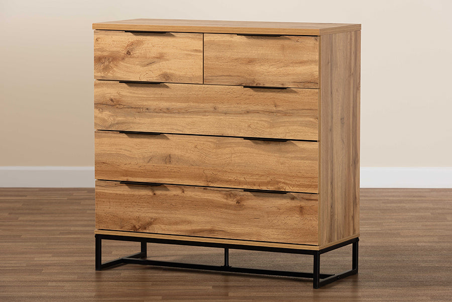 Franklin Modern and Contemporary Oak Finished Wood and Black Finished Metal 5-Drawer Bedroom Chest