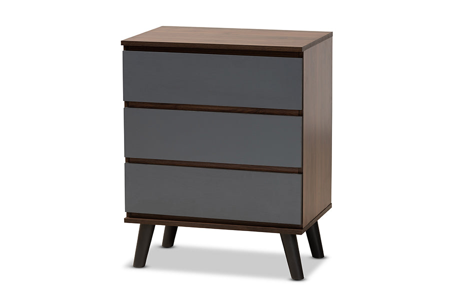 Roldan Modern and Contemporary Two-Tone Walnut and Grey Finished Wood 3-Drawer Bedroom Chest