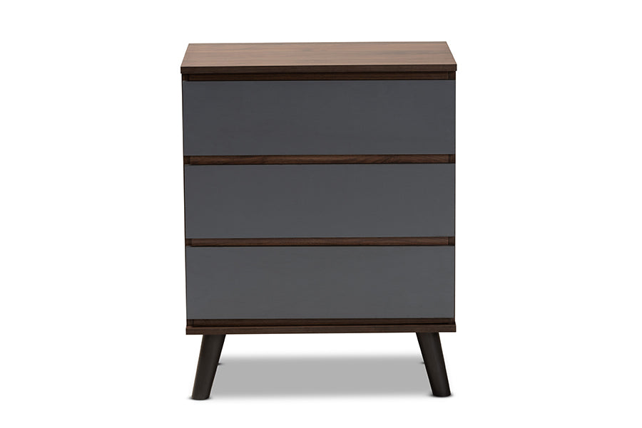 Roldan Modern and Contemporary Two-Tone Walnut and Grey Finished Wood 3-Drawer Bedroom Chest
