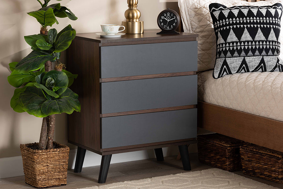 Roldan Modern and Contemporary Two-Tone Walnut and Grey Finished Wood 3-Drawer Bedroom Chest