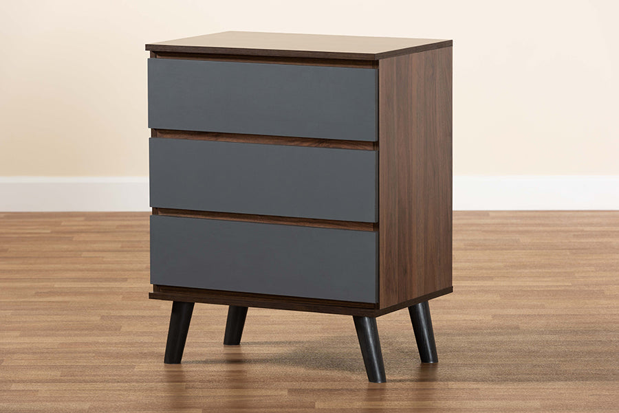 Roldan Modern and Contemporary Two-Tone Walnut and Grey Finished Wood 3-Drawer Bedroom Chest