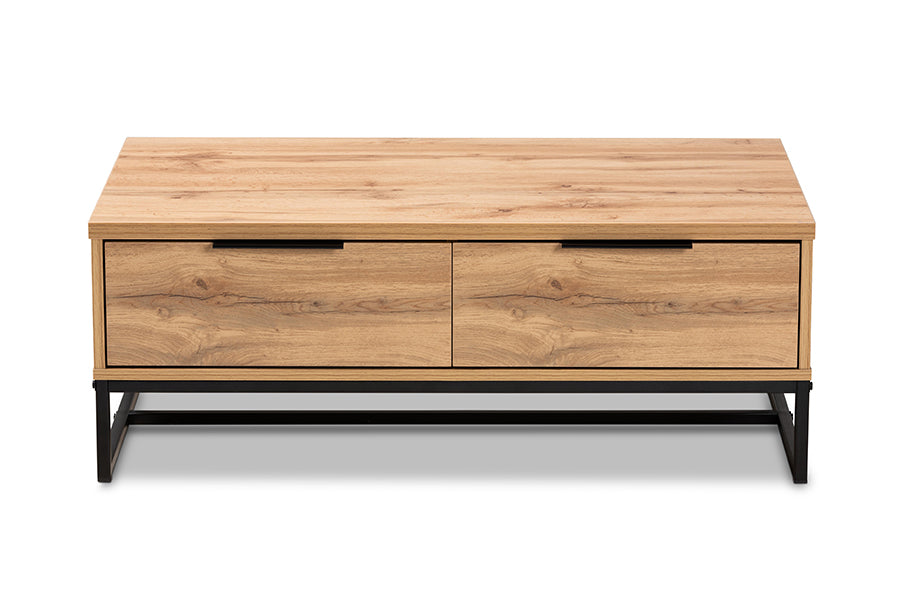 Franklin Modern and Contemporary Oak Brown Finished Wood and Black Finished Metal 2-Drawer Coffee Table