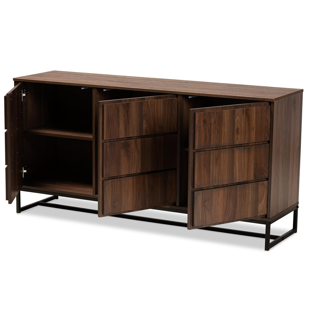 Neil Modern and Contemporary Walnut Brown Finished Wood and Black Finished Metal 3-Door Dining Room Sideboard Buffet