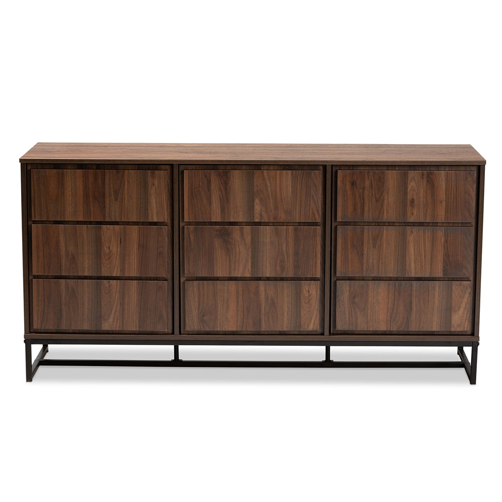Neil Modern and Contemporary Walnut Brown Finished Wood and Black Finished Metal 3-Door Dining Room Sideboard Buffet