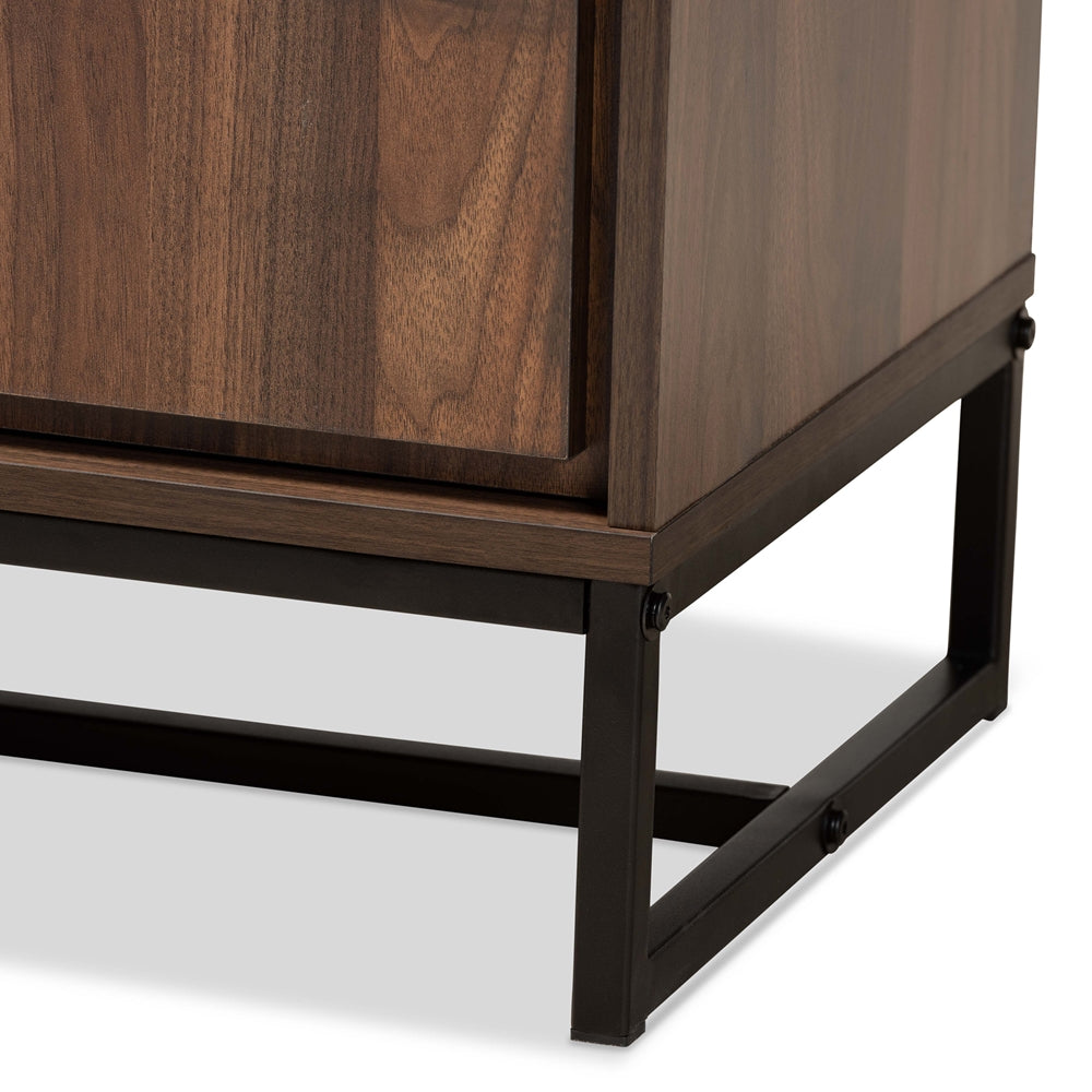 Neil Modern and Contemporary Walnut Brown Finished Wood and Black Finished Metal 3-Door Dining Room Sideboard Buffet