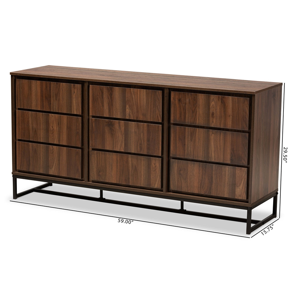 Neil Modern and Contemporary Walnut Brown Finished Wood and Black Finished Metal 3-Door Dining Room Sideboard Buffet