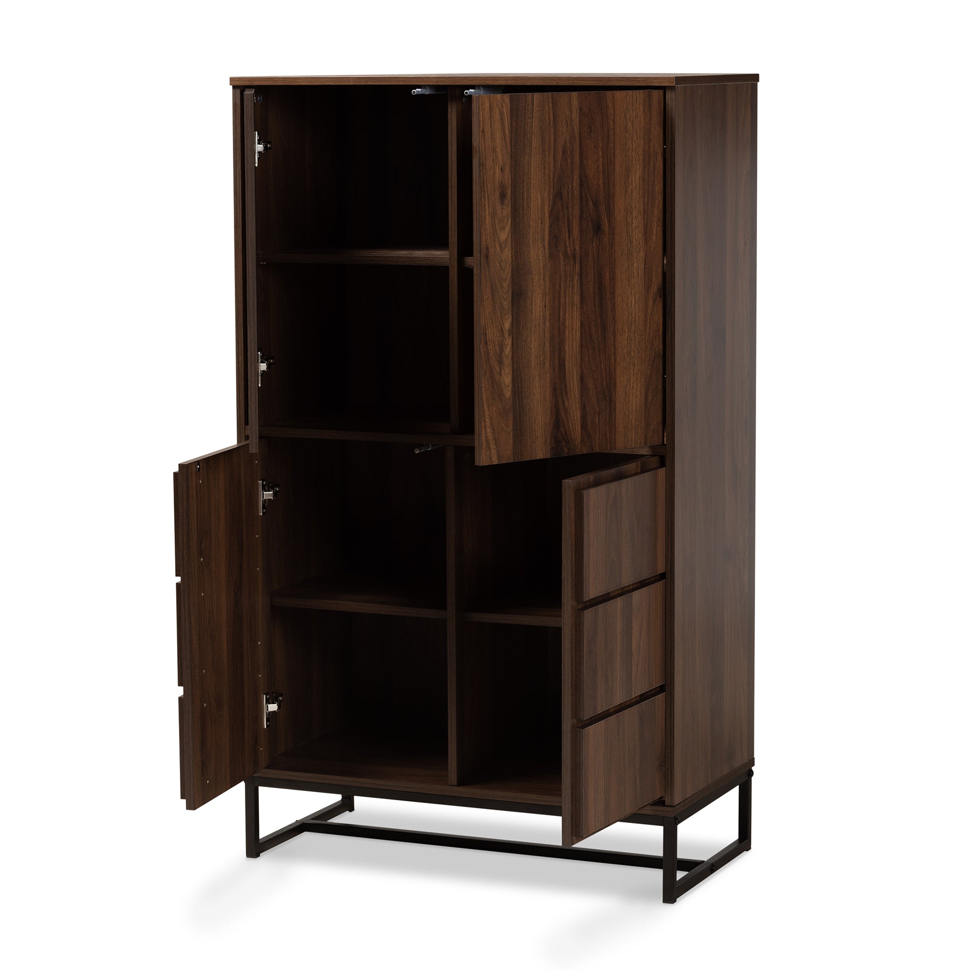 Neil Modern and Contemporary Walnut Brown Finished Wood and Black Finished Metal Multipurpose Storage Cabinet