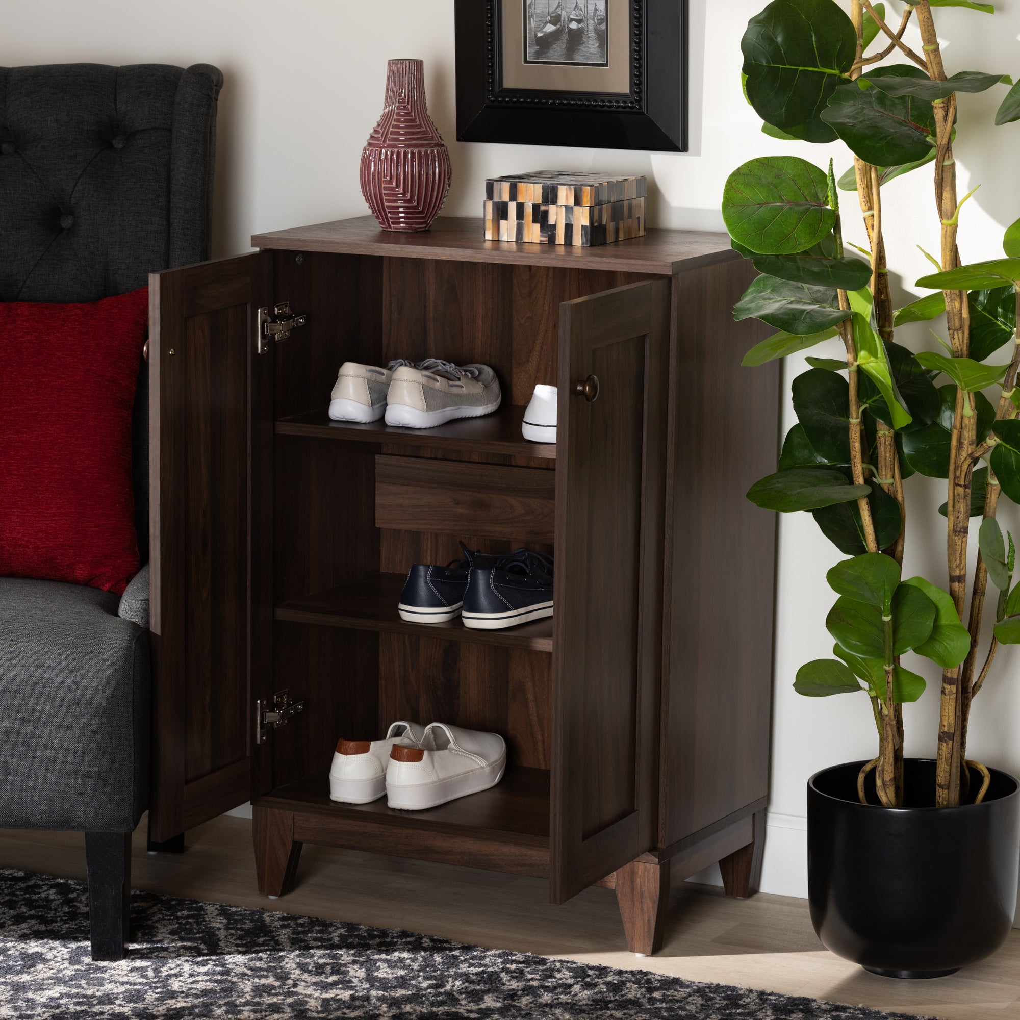 Nissa Modern and Contemporary Walnut Brown Finished Wood 2-Door Shoe Storage Cabinet