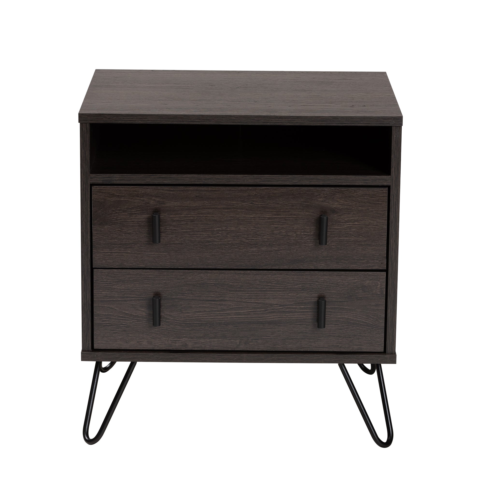 Glover Modern and Contemporary Dark Brown Finished Wood and Black Metal 2-Drawer Nightstand