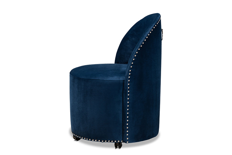 Bethel  and  Navy Blue Velvet Fabric Upholstered Rolling Accent Chair