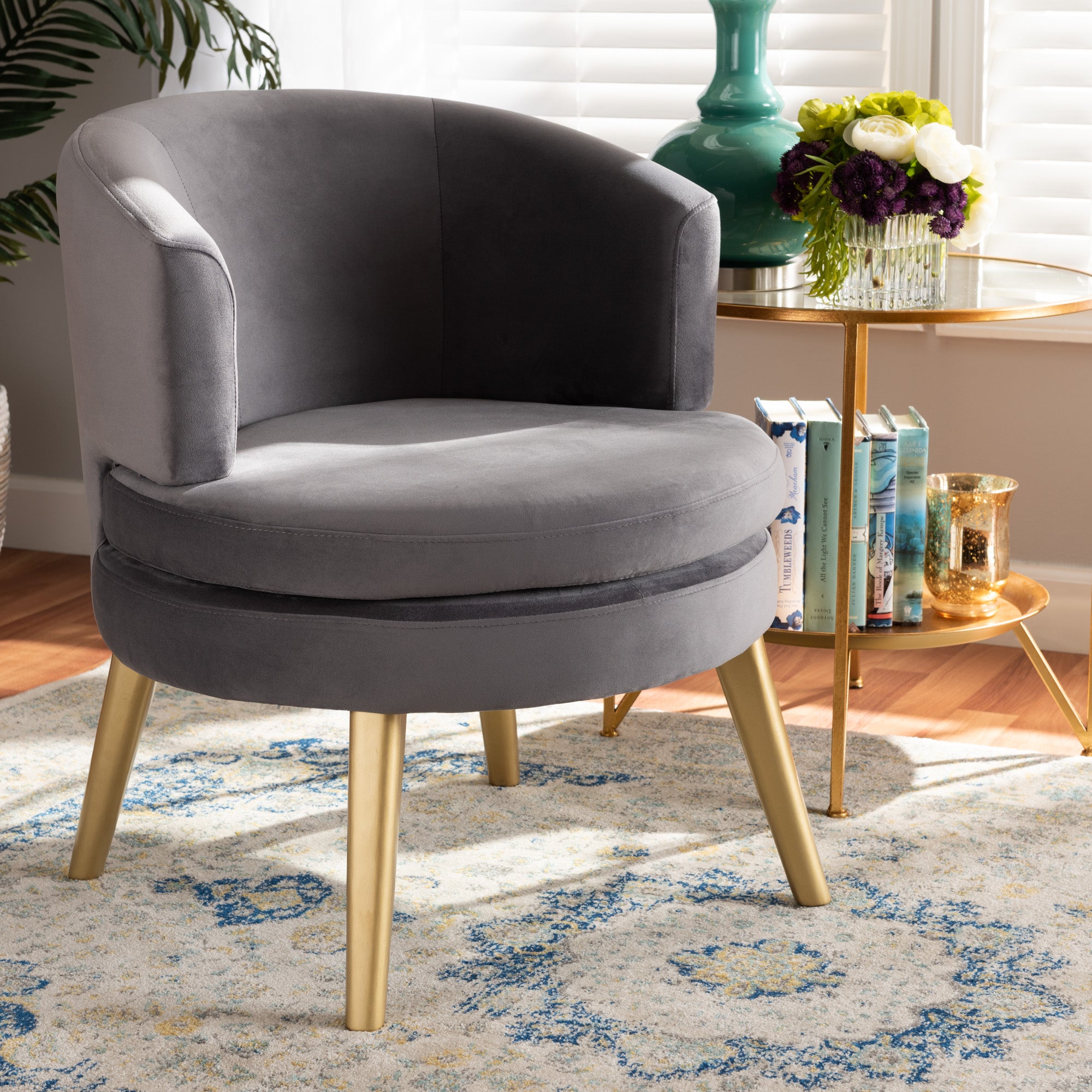 Baptiste  and  Grey Velvet Fabric Upholstered and Gold Finished Wood Accent Chair