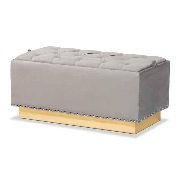 Powell Grey Velvet Fabric Upholstered and Gold PU Leather Storage Ottoman
