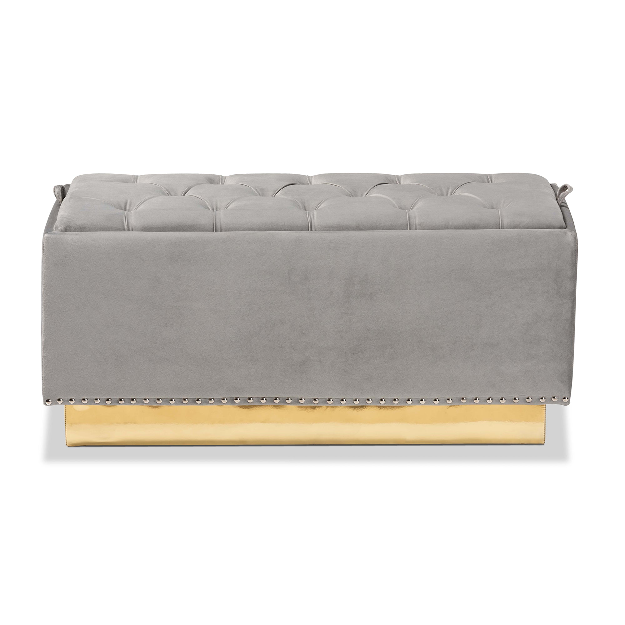 Powell Grey Velvet Fabric Upholstered and Gold PU Leather Storage Ottoman