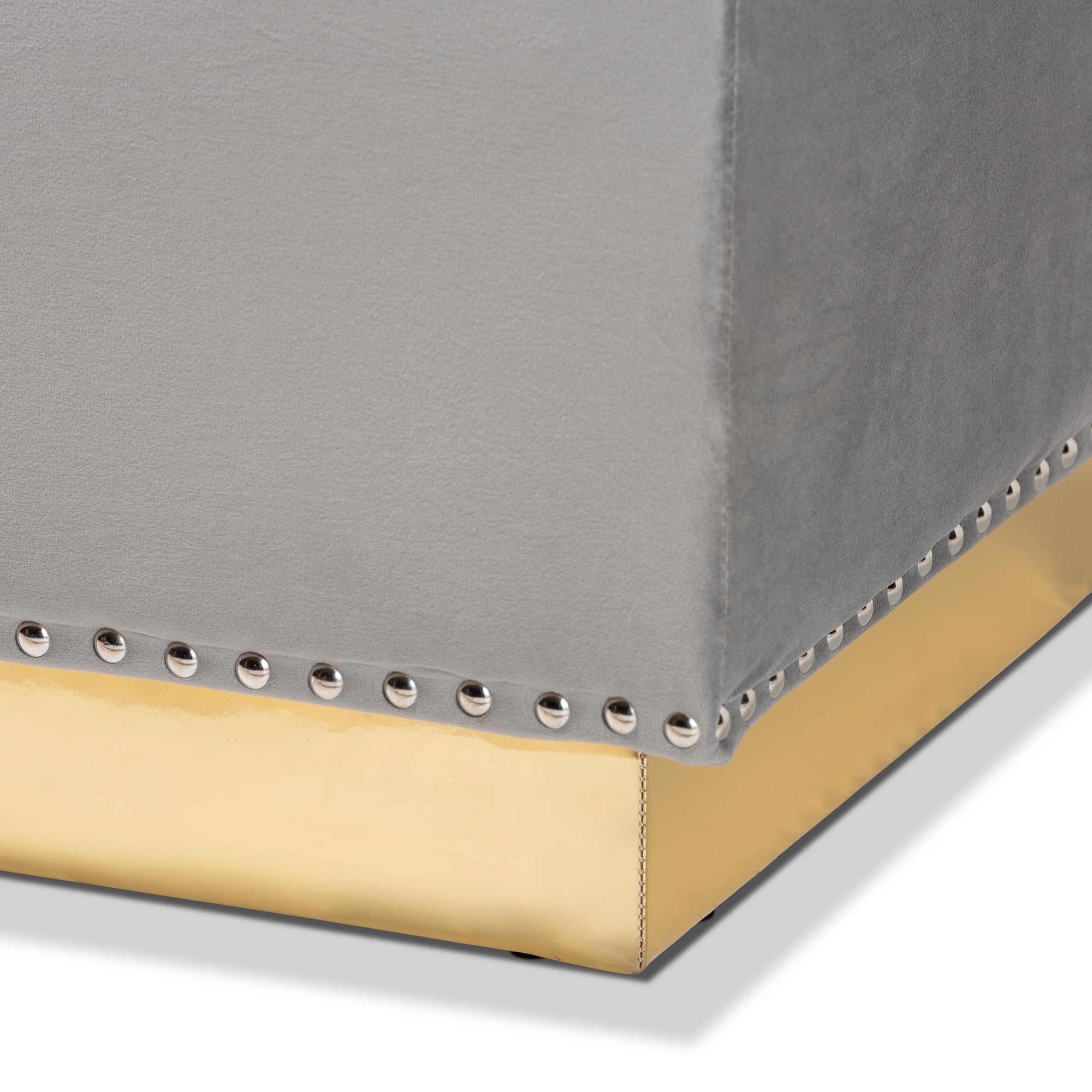 Powell Grey Velvet Fabric Upholstered and Gold PU Leather Storage Ottoman