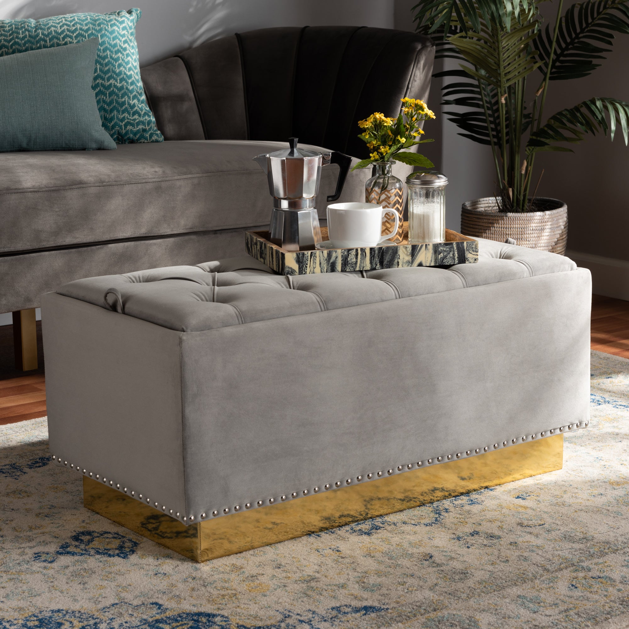 Powell Grey Velvet Fabric Upholstered and Gold PU Leather Storage Ottoman