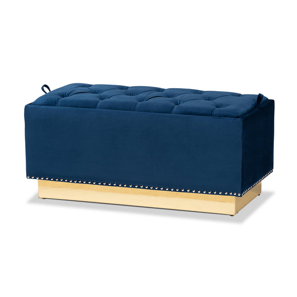 Powell Navy Blue Velvet Fabric Upholstered and Gold PU Leather Storage Ottoman