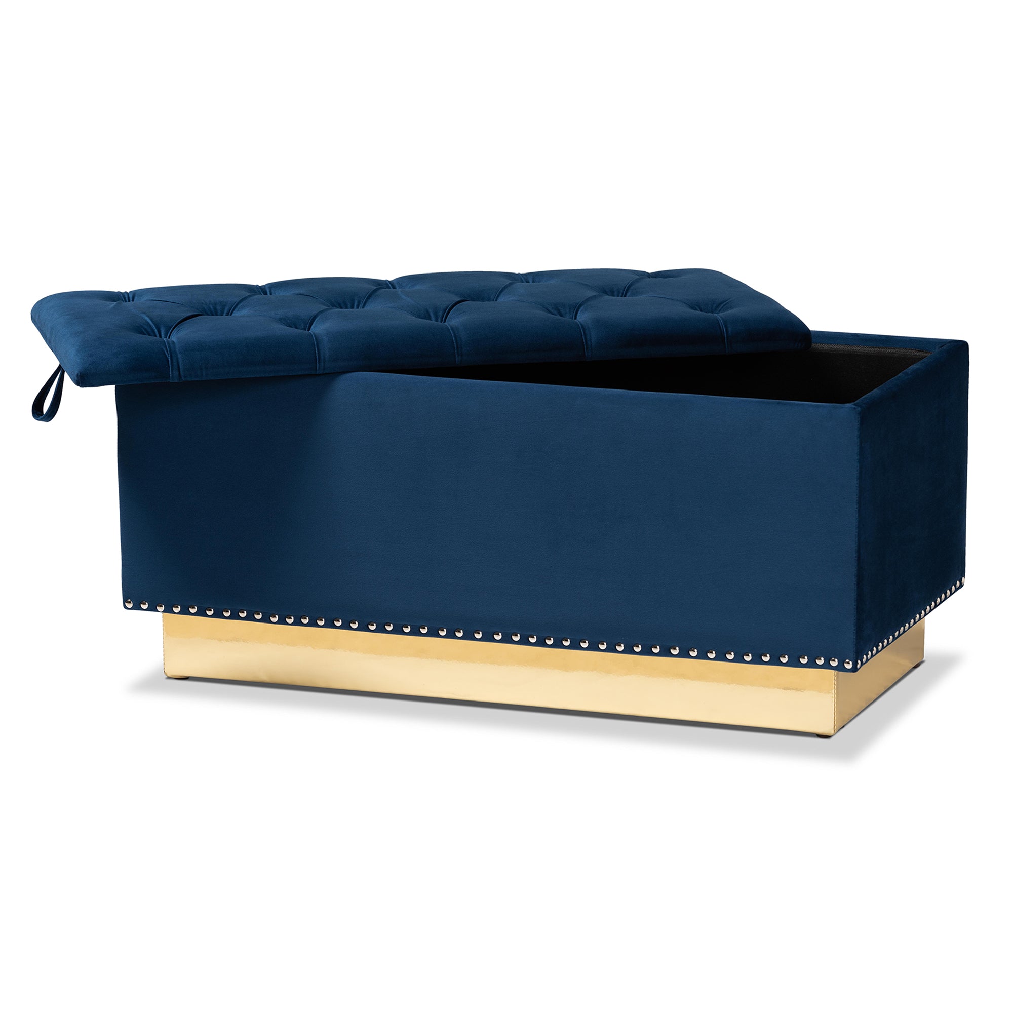 Powell Navy Blue Velvet Fabric Upholstered and Gold PU Leather Storage Ottoman