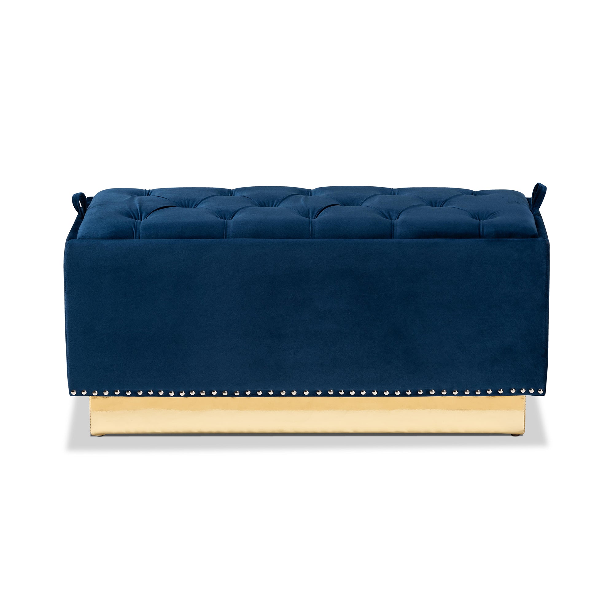 Powell Navy Blue Velvet Fabric Upholstered and Gold PU Leather Storage Ottoman