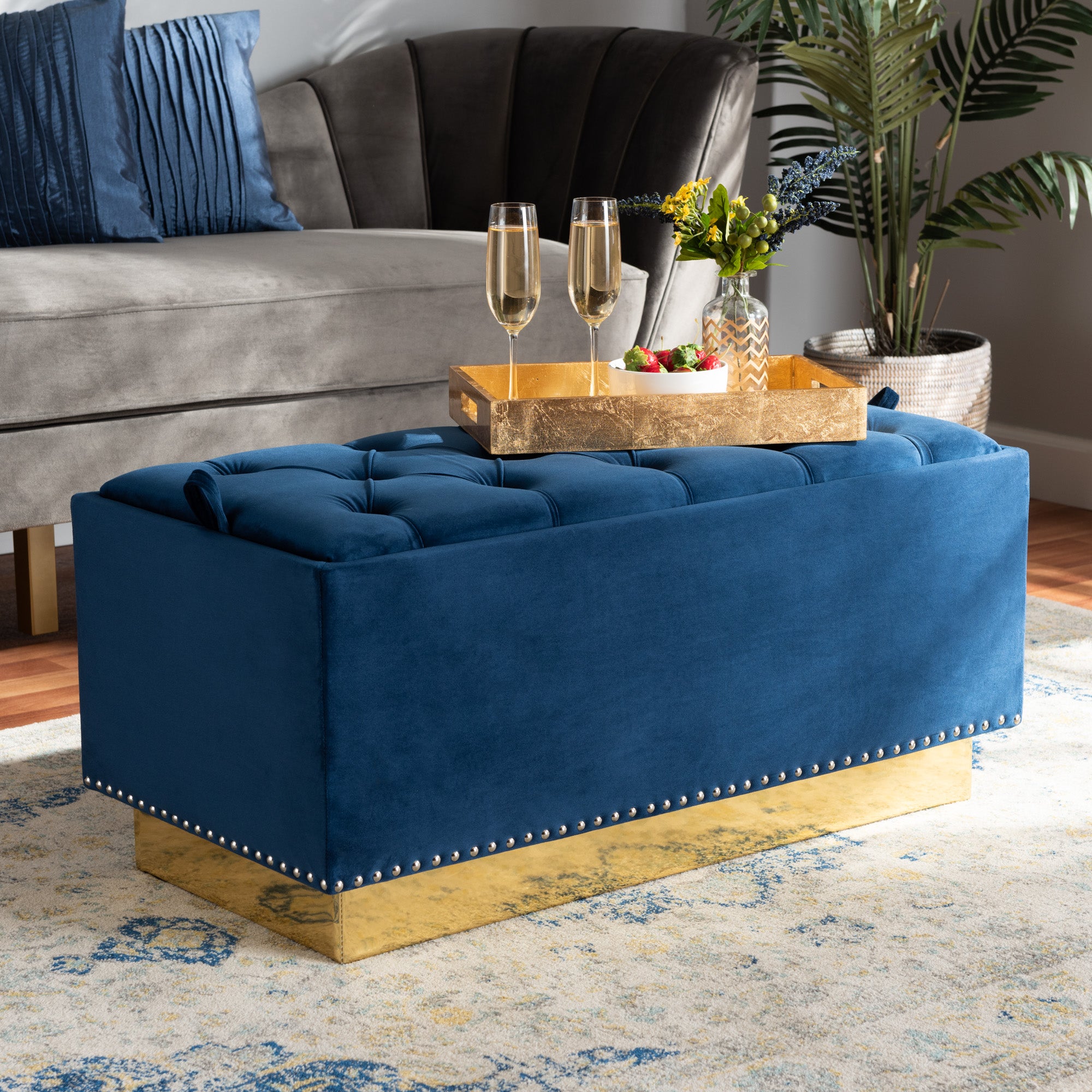 Powell Navy Blue Velvet Fabric Upholstered and Gold PU Leather Storage Ottoman