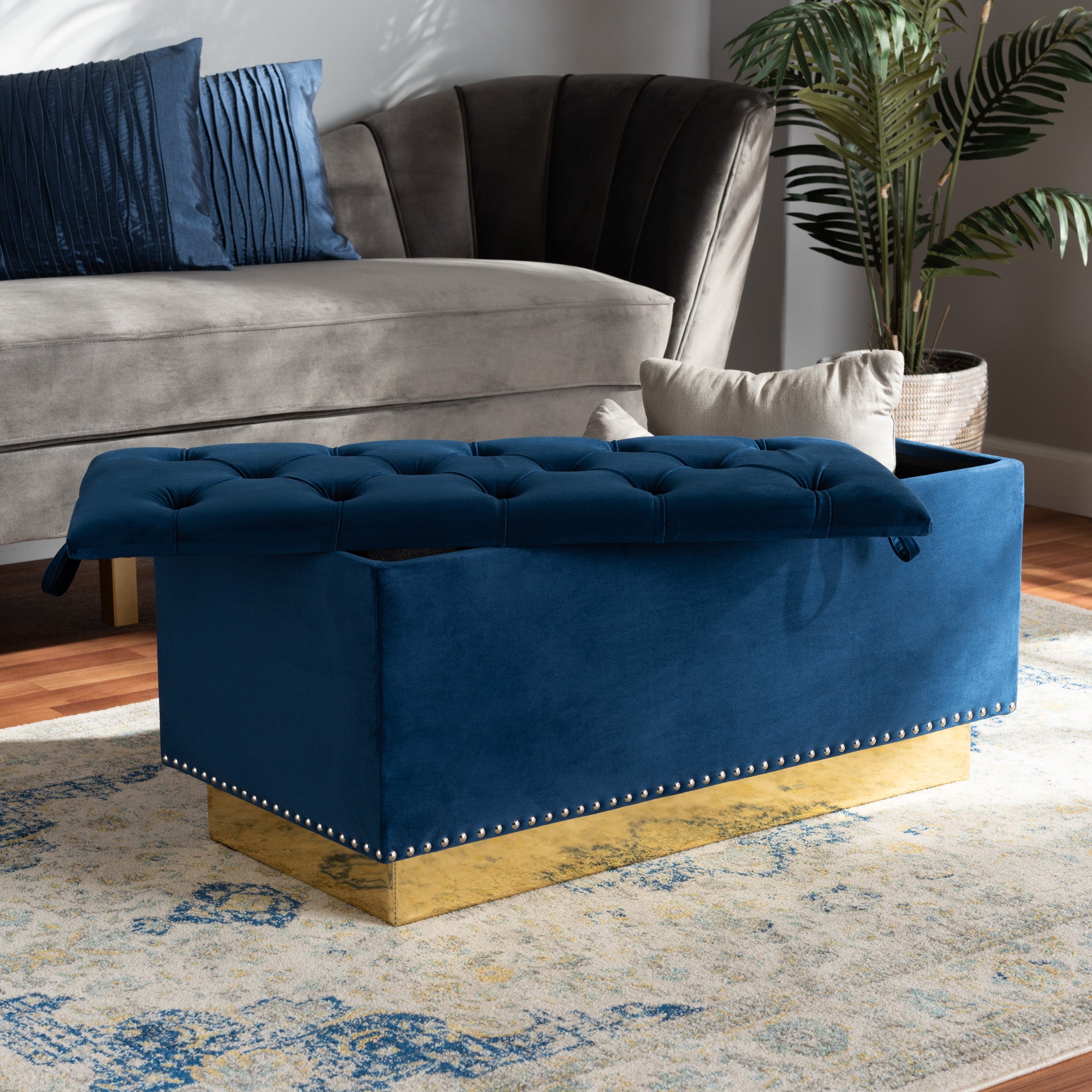 Powell Navy Blue Velvet Fabric Upholstered and Gold PU Leather Storage Ottoman