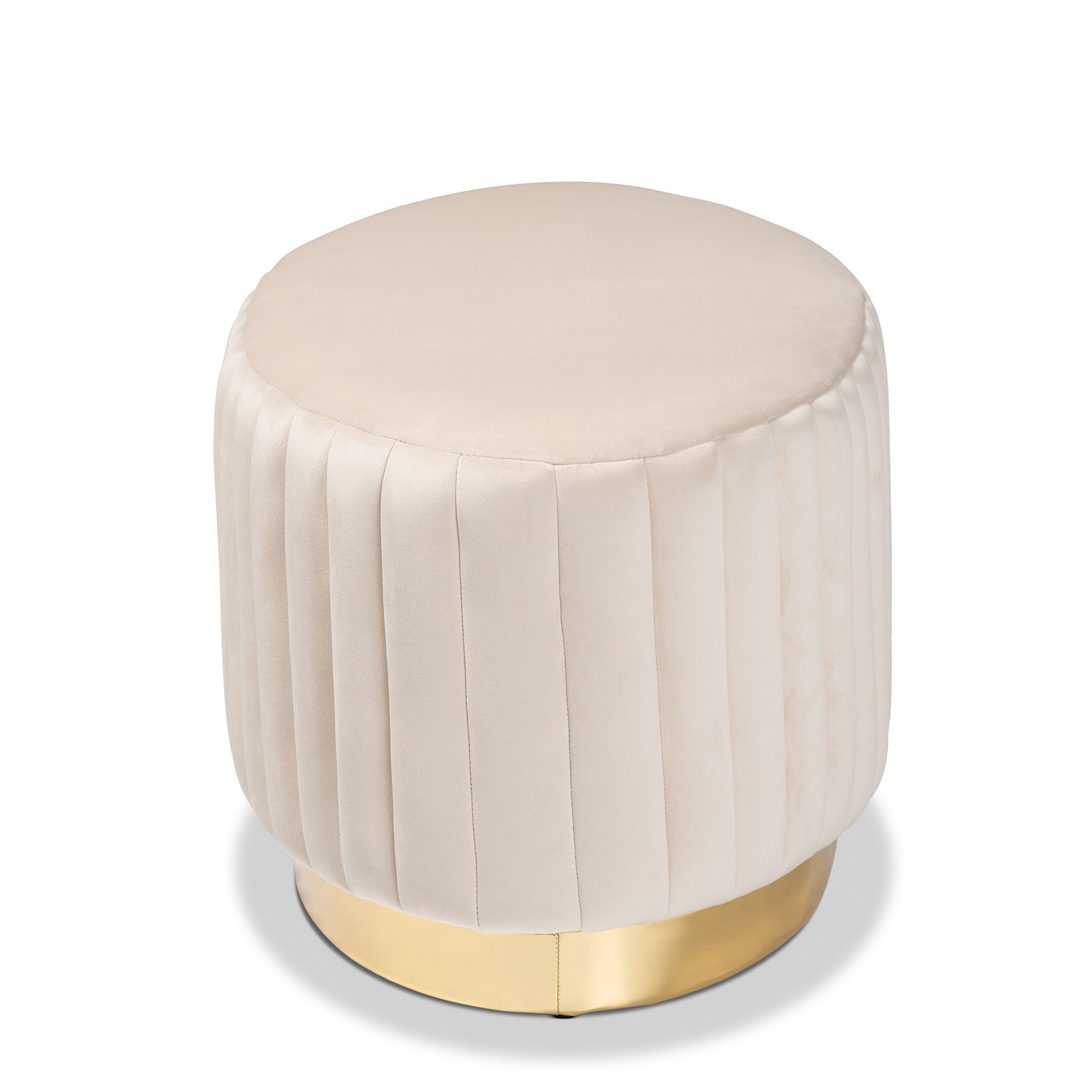 Kirana Beige Velvet Fabric Upholstered and Gold PU Leather Ottoman