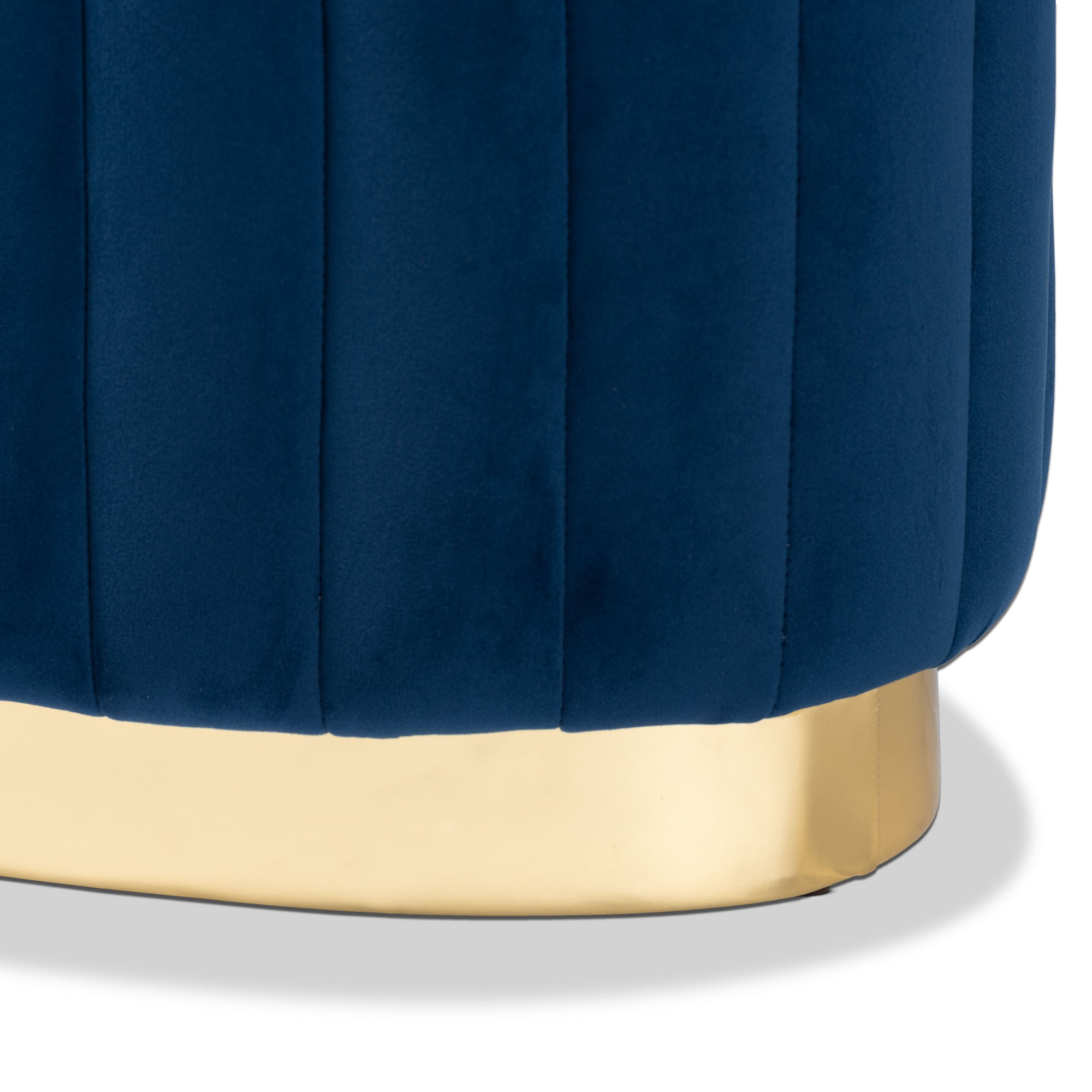Kirana Navy Blue Velvet Fabric Upholstered and Gold PU Leather Ottoman
