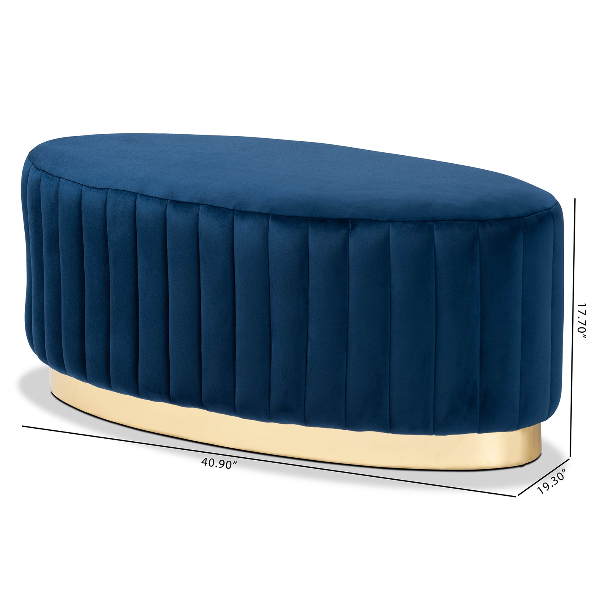 Kirana Navy Blue Velvet Fabric Upholstered and Gold PU Leather Ottoman