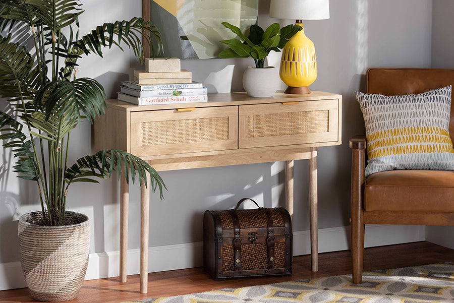 Baird Mid-Century Modern Light Oak Brown Finished Wood and Rattan 2-Drawer Console Table