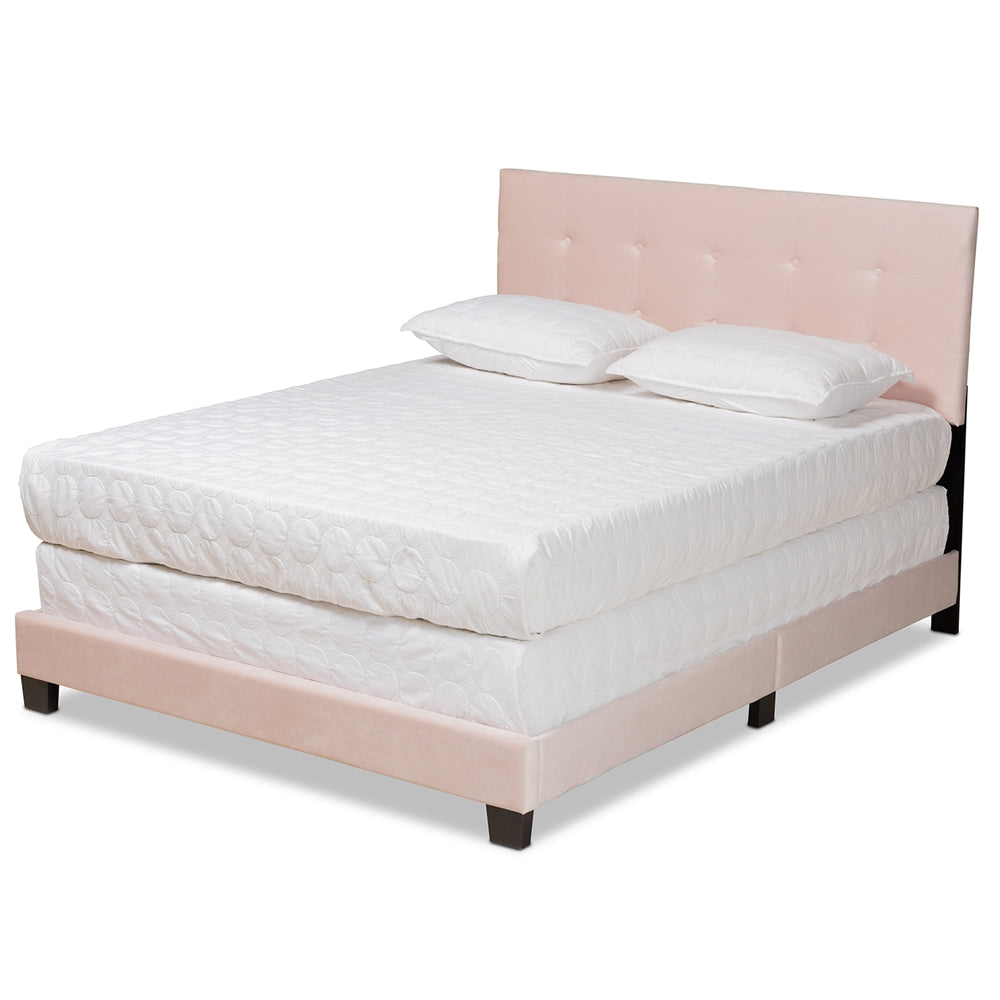 Caprice Light Pink Velvet Fabric Upholstered Queen Size Panel Bed