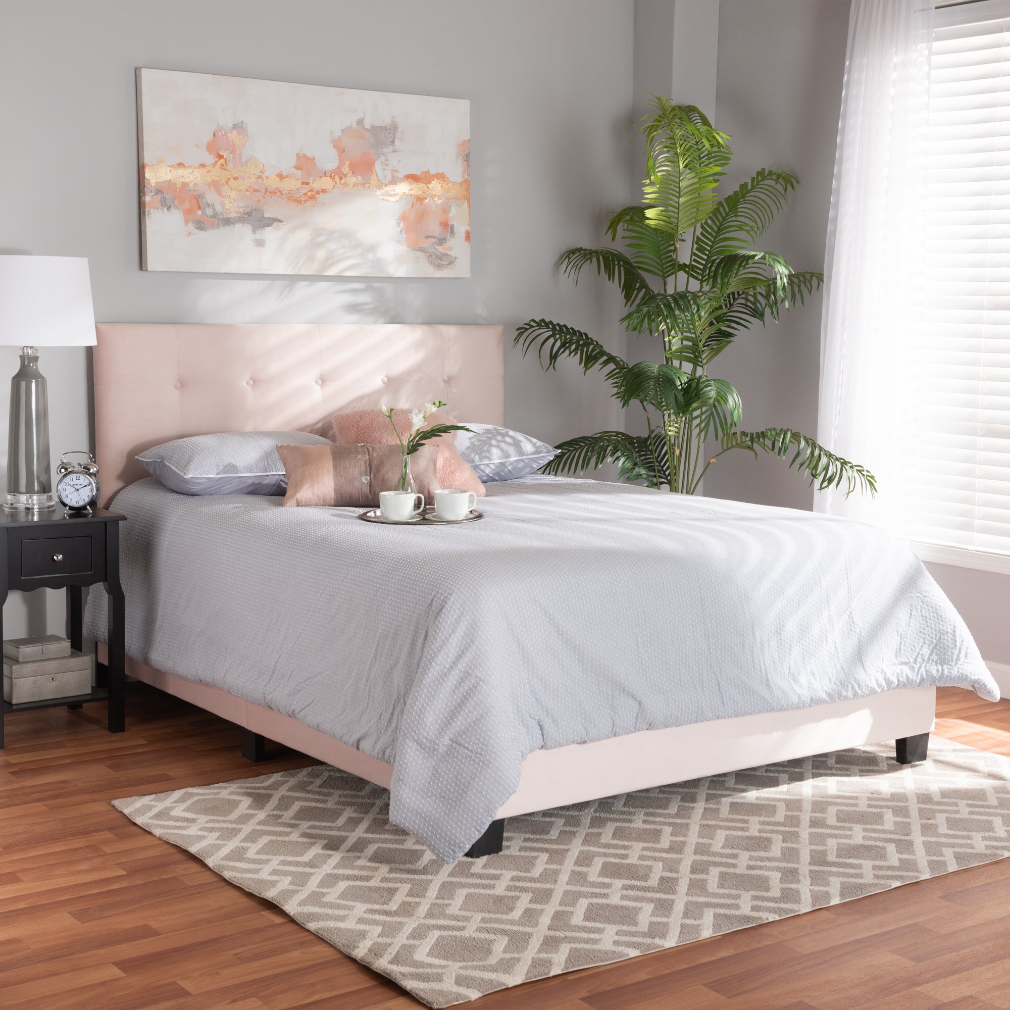 Caprice Light Pink Velvet Fabric Upholstered Queen Size Panel Bed