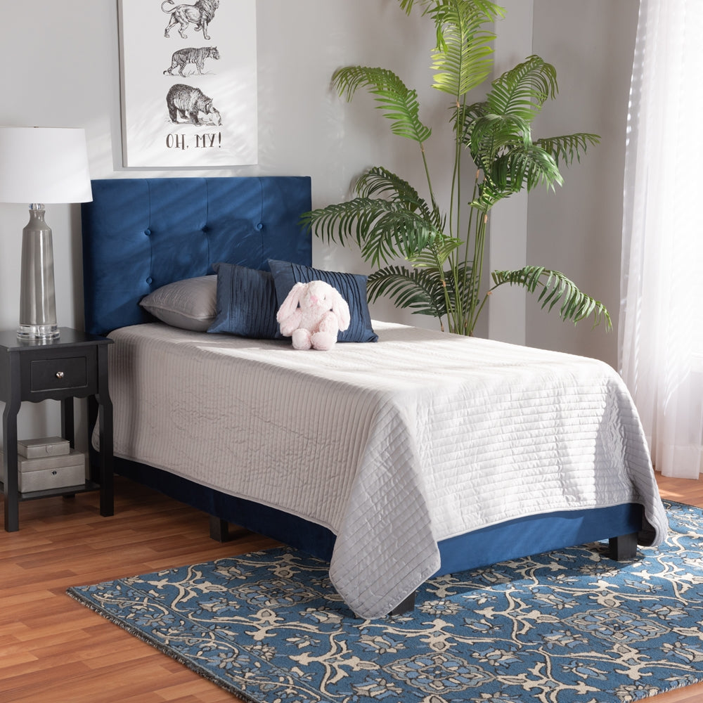 Caprice Navy Blue Velvet Fabric Upholstered Twin Size Panel Bed