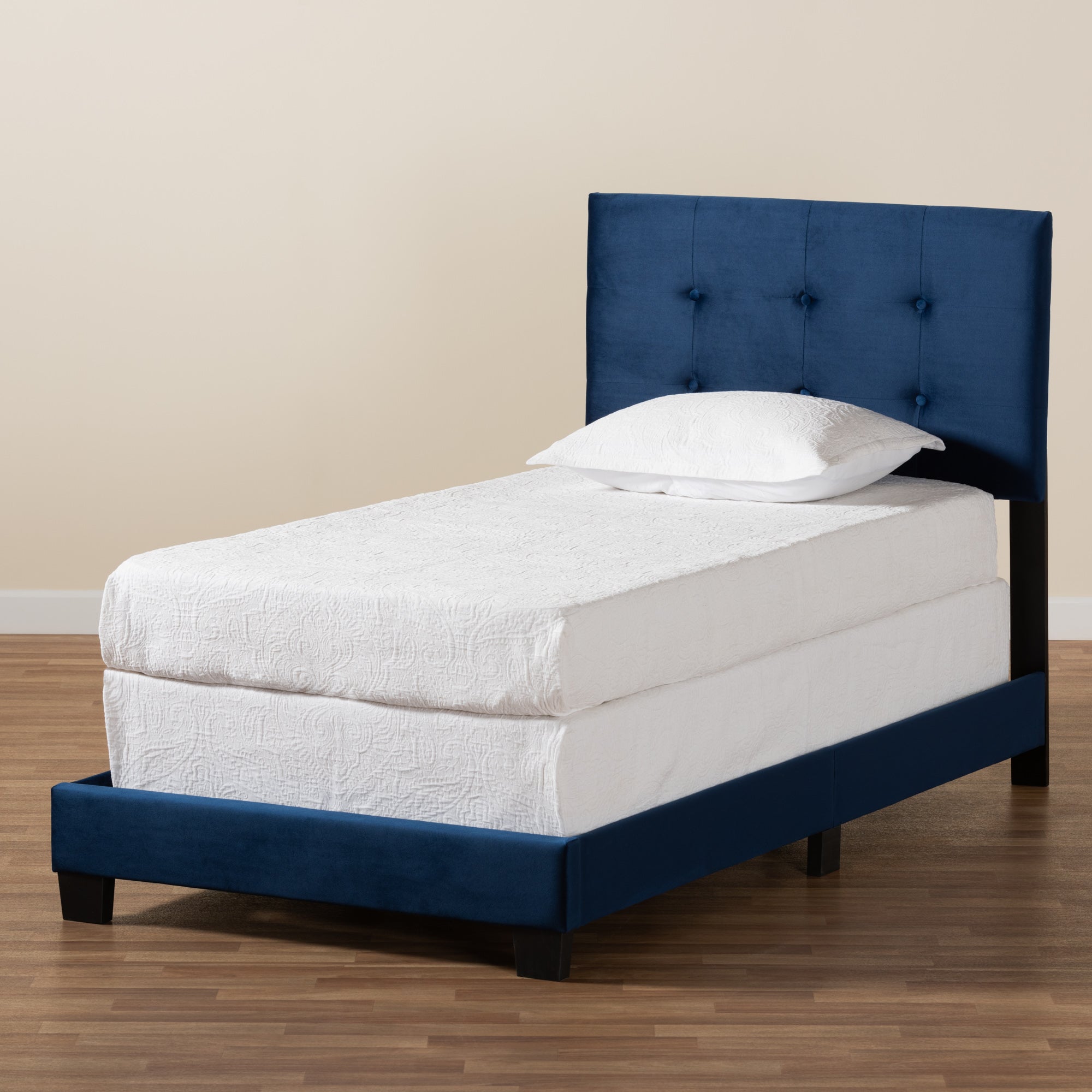 Caprice Navy Blue Velvet Fabric Upholstered Twin Size Panel Bed